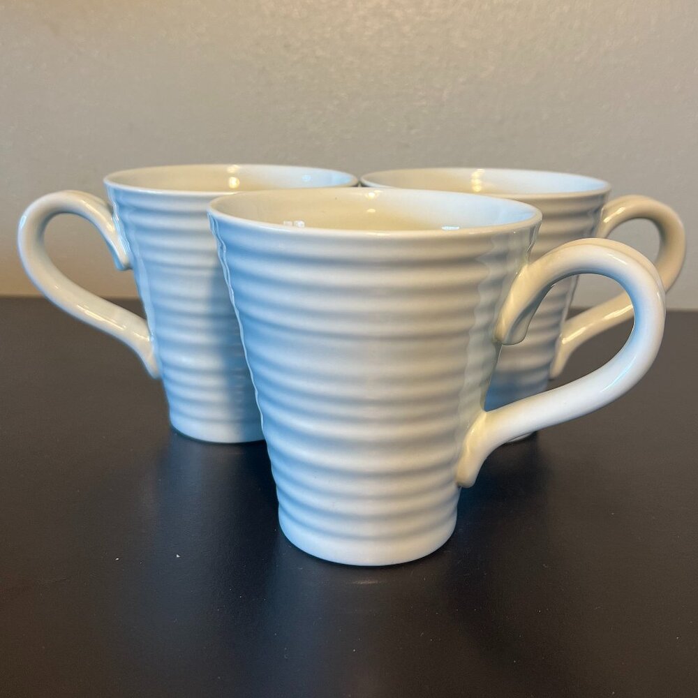 Set of 3 PORTMEIRON Sophie Conran Celadon RIPPLE DESIGN Porcelain Cups Mugs